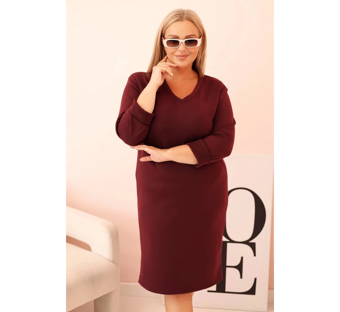 Dámská Plus Size šaty máslová s výstřihem do V a rukávem bordó