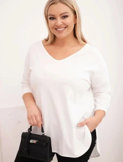 Dámská bavlněná blůza Plus Size s V výstřihem a ohrnutým rukávem bílá