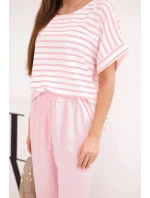 Dámský komplet z viskózy s pruhovanou blůzou a širokými kalhotami s gumou pudrově růžový
