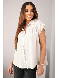 Dámská bavlněná košilová halenka s krajkou a krátkým rukávem béžová