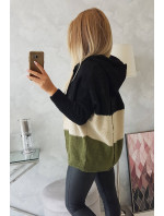 Tříbarevný svetr s kapucí černá+béžová+khaki
