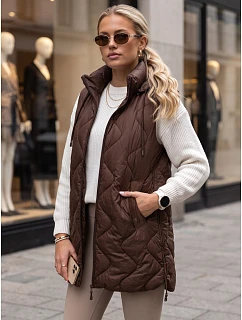 Długa kamizelka damska pikowana z kapturem brązowa model 22361886 - FashionStreet