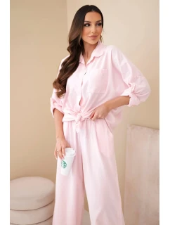 Dámský bavlněný komplet s košilí na zavazování a širokými nohavicemi pudrově růžová