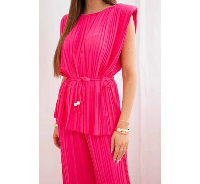 Dámský viskózový komplet s halenkou a širokými kalhotami růžový model 22025284 - K-Fashion Dámský viskózový komplet s halenkou a širokými kalhotami růžový model 22025284 - K-Fashion