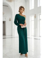 658-2 Třpytivé maxi šaty na jedno rameno s asymetrickými rukávy a rozparkem - lahvově zelené 658-2 Třpytivé maxi šaty na jedno rameno s asymetrickými rukávy a rozparkem - lahvově zelené