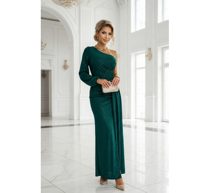 658-2 Třpytivé maxi šaty na jedno rameno s asymetrickými rukávy a rozparkem - lahvově zelené 658-2 Třpytivé maxi šaty na jedno rameno s asymetrickými rukávy a rozparkem - lahvově zelené