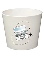 Bílý keramický květináč s cestovatelským motivem - malý