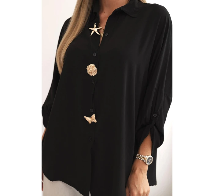 Dámské tričko s model 21266164 ozdobnými knoflíky a límečkem černá - K-Fashion