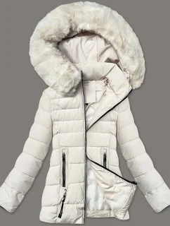 Prošívaná bunda v barvě ecru pro přechodné období s kožešinou kapucí model 21248229 - S'WEST