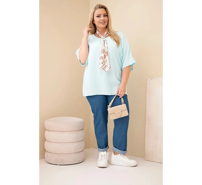 Dámská viskózová halenka Plus Size s krátkým rukávem a ozdobným šátkem mentolová