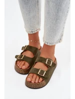 Dámské pantofle na korkové platformě se zlatými sponami Zelená Tovessa Dámské pantofle na korkové platformě se zlatými sponami Zelená Tovessa