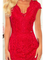 Červené krajkové dámské šaty s krátkými rukávy a dekoltem model 9038145 - numoco