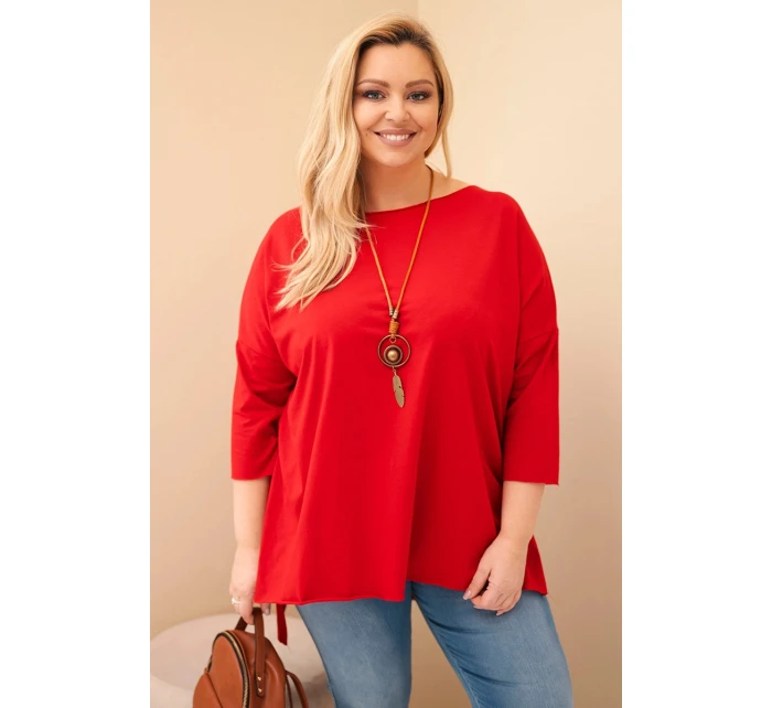 Dámská bavlněná blůza Plus Size asymetrická s náhrdelníkem červená Dámská bavlněná blůza Plus Size asymetrická s náhrdelníkem červená