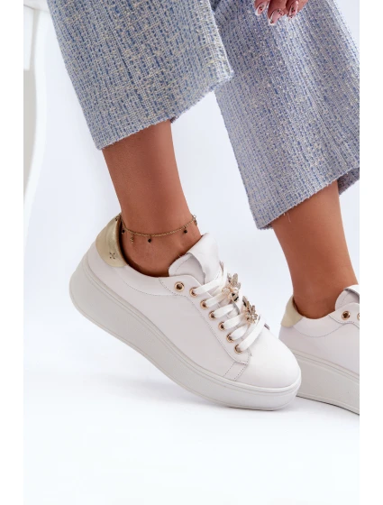 Dámské kožené tenisky na platformě s ozdobnými knoflíčky D&A SN67 Bílé