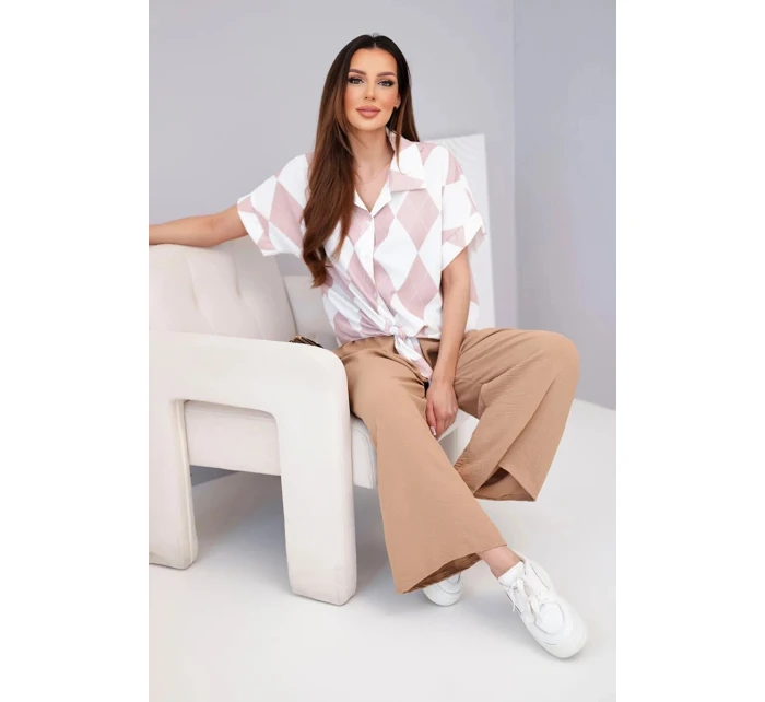 Komplet dámský viskózový košile s vázáním a kalhoty s gumou mátová