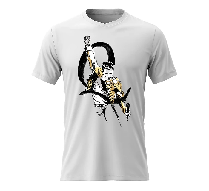 Pánské bavlněné tričko s potiskem - FREDDIE MERCURY - bílé Pánské bavlněné tričko s potiskem - FREDDIE MERCURY - bílé