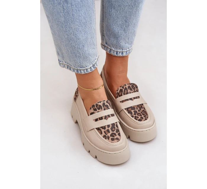 Dámské Kožené Mokasíny Na Platformě A Ploché Podpatky Leopardí Světle Béžové model 21683942 - Zazoo