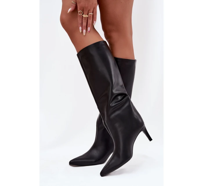 Dámské nazouvací zateplené kozačky na podpatku černé olivové