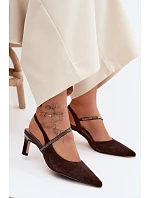 Kožené semišové sandály na podpatku se zdobeným páskem D&A CR61-3048 Čokoládové