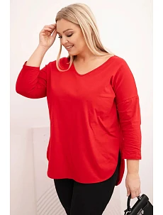 Dámská bavlněná blůza Plus Size s výstřihem do V a ohrnutým rukávem červená