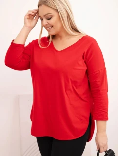 Dámská bavlněná blůza Plus Size s výstřihem do V a ohrnutým rukávem červená