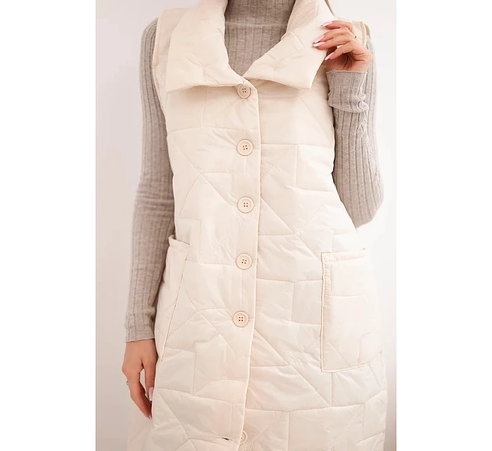 Dámská prošívaná dlouhá vesta s kapsami a stojáčkem světle béžová