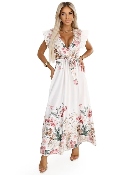 Saténové maxi šaty s výstřihem a květinovým  v boho stylu model 21177152 - numoco basic