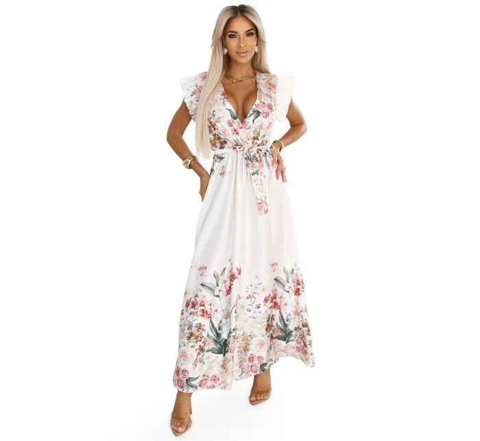 Saténové maxi šaty s výstřihem a květinovým v boho stylu model 21177152 - numoco basic Saténové maxi šaty s výstřihem a květinovým v boho stylu model 21177152 - numoco basic