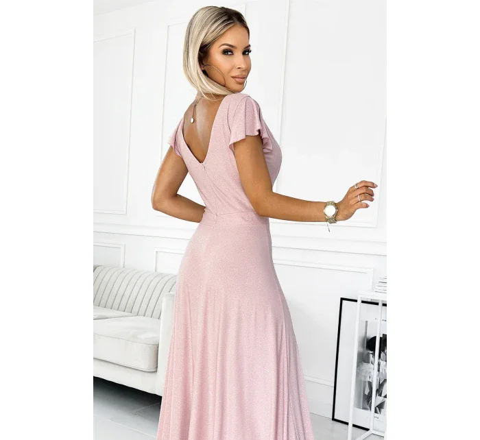 CRYSTAL Dlouhé lesklé dámské šaty ve špinavě růžové barvě s výstřihem model 18446663 - numoco