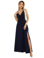 elegantní maxi šaty s obálkovým výstřihem a rozparkem na nohou tmavě modré model 21427379 - numoco