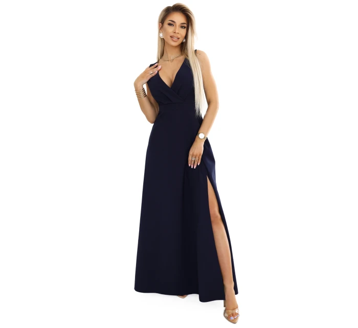 elegantní maxi šaty s obálkovým výstřihem a rozparkem na nohou tmavě modré model 21427379 - numoco