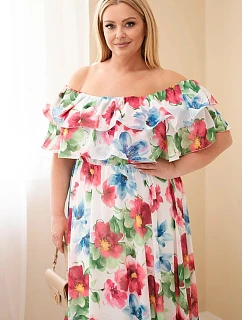 Dámské Plus Size maxi šaty s volánem, odhalenými rameny a elastickým pasem fuchsiové