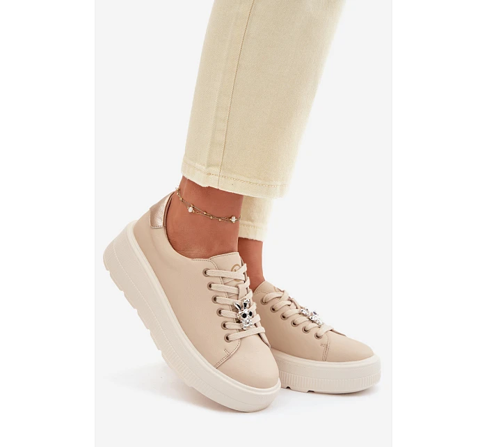 Kožené dámské tenisky na platformě s přezkou Vinceza 39973 Béžové