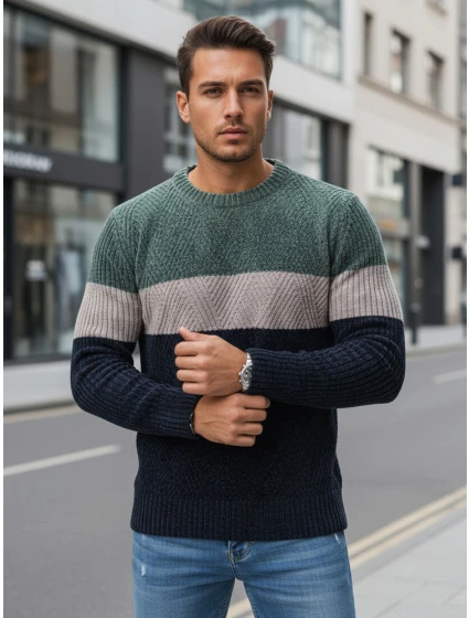 Pánský svetr s kulatým výstřihem zelený a tmavě modrý FashionStreet WX2319