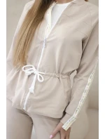 Dámská bavlněná souprava s proužky a stahovacími lemy béžový Dámská bavlněná souprava s proužky a stahovacími lemy béžový