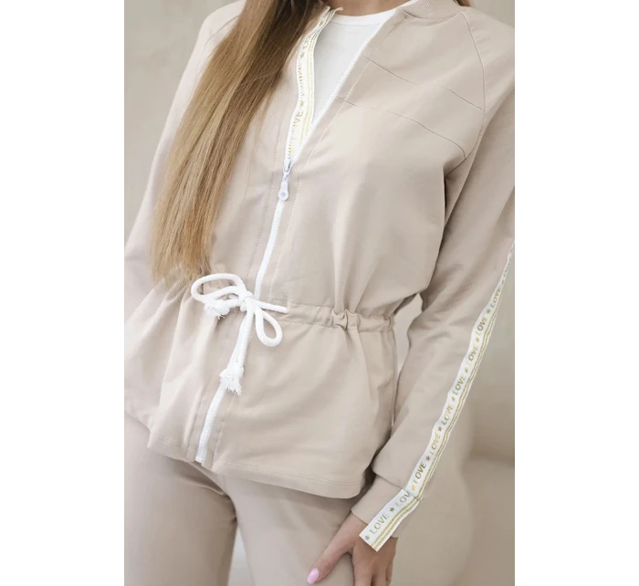 Dámská bavlněná souprava s proužky a stahovacími lemy béžový Dámská bavlněná souprava s proužky a stahovacími lemy béžový