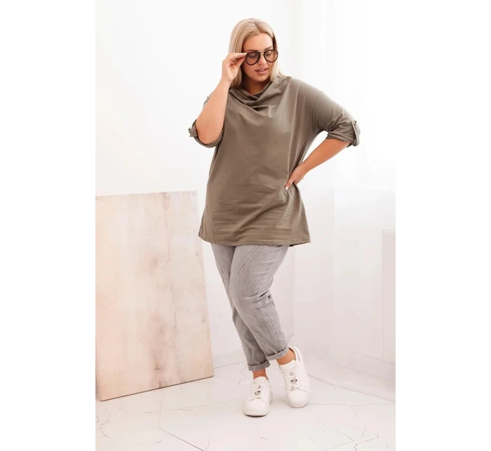 Dámská blůza Plus Size s bavlnou volného střihu s vodním výstřihem khaki