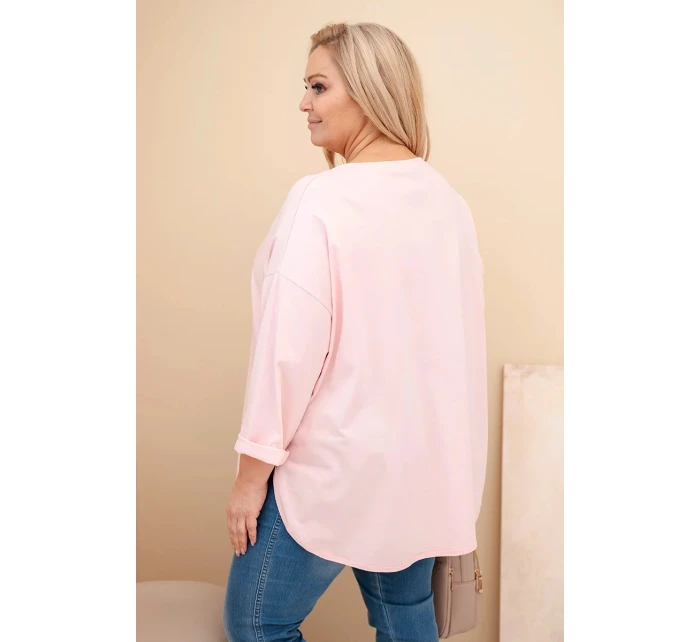 Dámská blůza Plus Size s bavlnou, kapsou a ohrnutým rukávem pudrově růžová