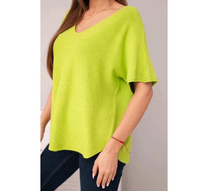 Dámská svetr s krátkým rukávem a výstřihem do V pistáciová
