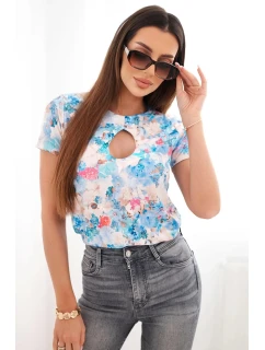 Dámská viskózová žebrovaná halenka s květinovým potiskem modrá