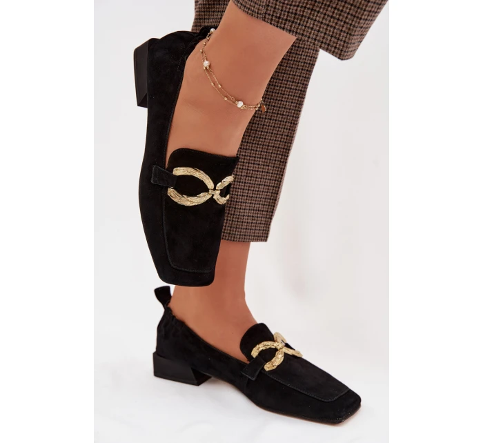 Dámské mokasíny z přírodního semiše zlatý detail D&A model 22031903 Černé - S.Barski