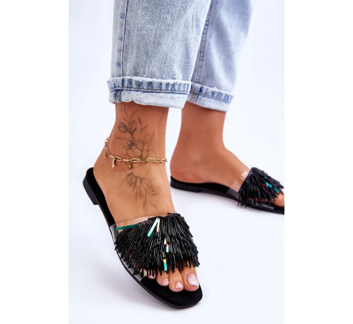 Dámské pantofle s módními ozdobami S.Barski KV-576-4 Černá