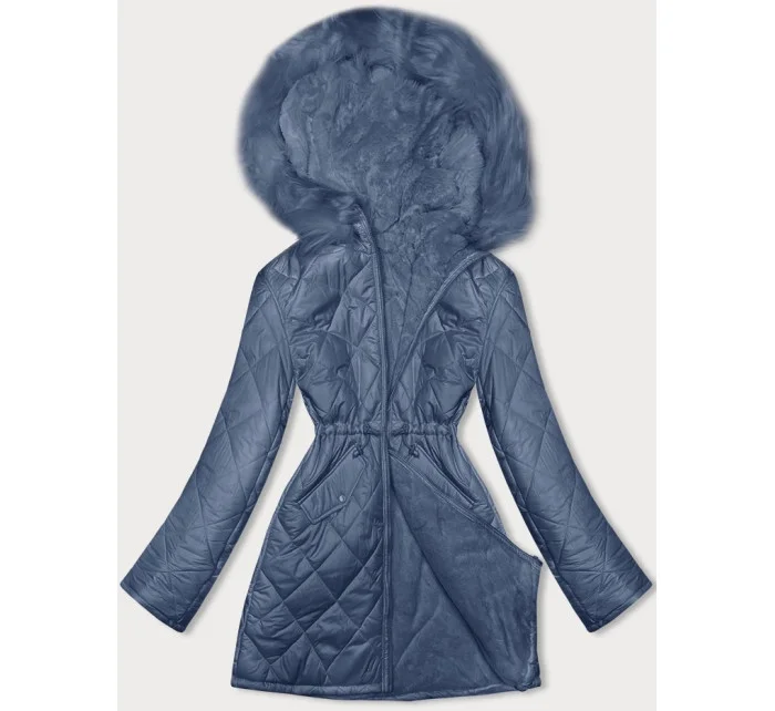 Světle modrá oboustranná dámská prošívaná bunda - kožíšek (H-897-100)