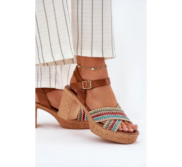 Kožené Sandály Na Podpatku S Pletením Na Páscích Hnědé Zazoo 40460 Kožené Sandály Na Podpatku S Pletením Na Páscích Hnědé Zazoo 40460