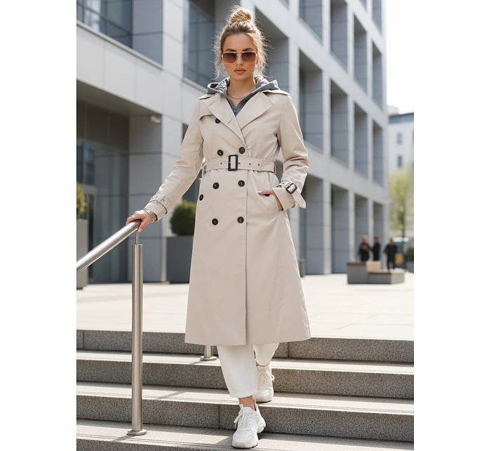 Dámský dvouřadý trenčkot s kapucí světle béžový FashionStreet TY5655