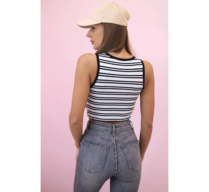 Top dámský pruhovaný s ozdobným zlatým detailem a hlubokým výstřihem modrý