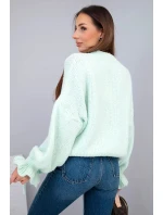Dámský svetr s přídavkem mohairu s hrubým pletením a ozdobnými rukávy mátový Dámský svetr s přídavkem mohairu s hrubým pletením a ozdobnými rukávy mátový
