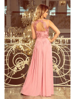 Dlouhé dámské šaty v pudrově růžové barvě bez rukávů a s vyšívaným výstřihem LEA 215-3