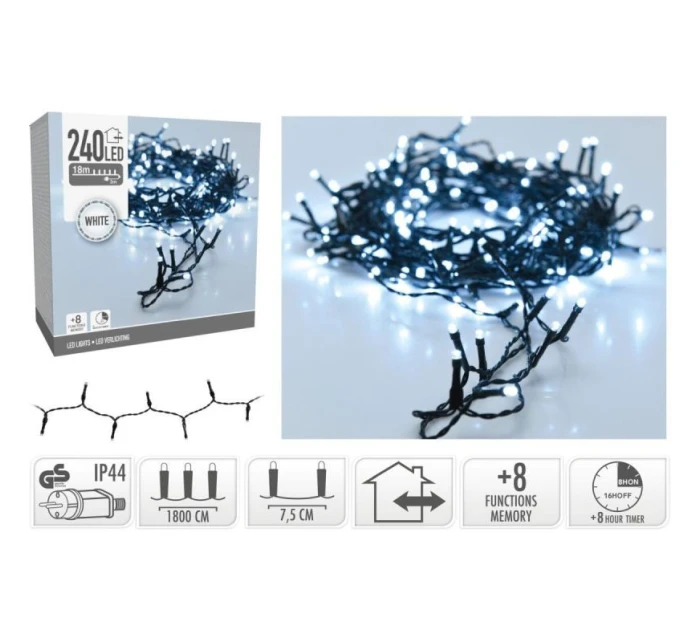 VÁNOČNÍ STROMEK SVĚTELNÝ ŘETĚZ 240 VEDL ČASOVAČ STUDENÁ BÍLÁ
