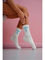 Dámské ponožky bílé pruhované s modrou mašlí
